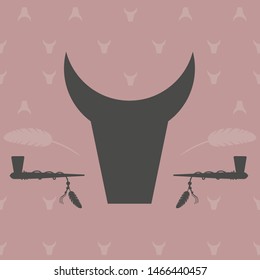 image of a pink background with bull heads, smoking pipes or peace pipes and white feathers