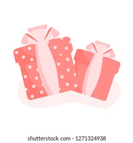 An image of pink boxes with gifts on a white background love