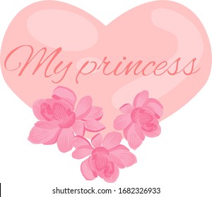 Image of a pink heart with flowers and text My Princess. Background for girls birthday.
stock isolated illustration on white background for printing on postcards, websites, shop advertising in cartoon