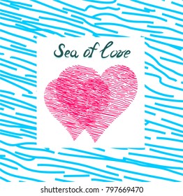 Image of a pink heart in a turquoise frame with an inscription, Sea of love, on a white background.