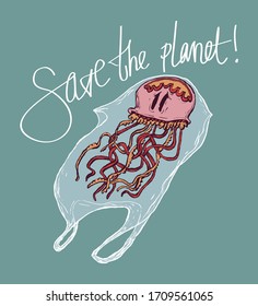 Image of a pink jellyfish caught in a package, save the planet. Color vector illustration. Can be used in social networks, for articles, publications, postcards, print, poster, sticker, on a T-shirt.