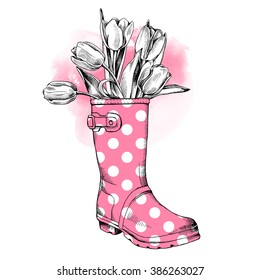 The Image Of A Pink Rubber Boot With Tulips. Vector Illustration.