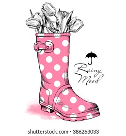 The image of a pink rubber boot with tulips. Vector illustration.