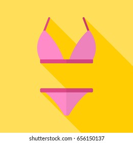 Image of a pink swimsuit on a yellow background. Flat design
