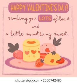 La Imagen es una tarjeta rosa del día de San Valentín con tres postres Los postres incluyen un rollo de pastel con un patrón de corazón, un cupcake con un corazón en la parte superior, y un pedazo de pastel con una fresa en la parte superior de un lindo 