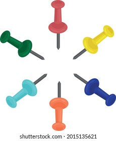 The image of pins of different colors. Colored stationery pins for attaching paper and other stationery items to the blackboard. School stationery. Vector illustration isolated on a white background