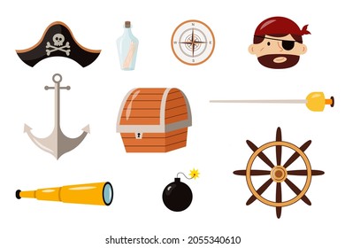 Image of pirate paraphernalia: saber, steering wheel, compass, hat, bottle with a note, chest with gold. Mockup for stickers and children's illustrations for books