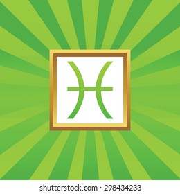 Image of Pisces zodiac symbol in golden frame, on green abstract background