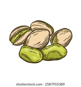 Image of pistachios in engraving style. Organic food, nuts, proper nutrition. Design element for packaging.