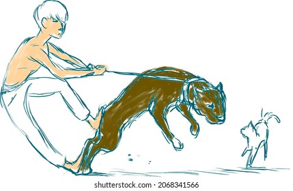 Image of a pit bull terrier jumping on a kitten and a boy holding it