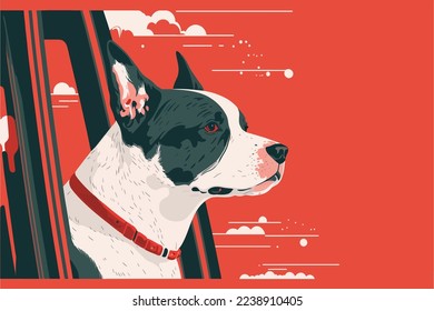 Image of a pitbull dog going on a road trip in white, red and black