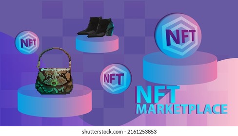 Imagen de arte de píxeles vendida en el mercado de NFT. token de NFT en criptografía. Símbolo no fungible con aspectos de propiedad intelectual. token de NFT en tecnología blockchain en cripto digital.