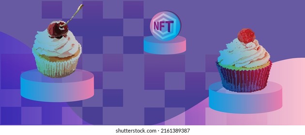 Imagen de pasteles de píxel vendidos en el mercado NFT. token de NFT en criptografía. Símbolo no fungible con aspectos de propiedad intelectual. token de NFT en tecnología blockchain en cripto digital.