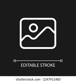 Image pixel perfect white linear ui icon for dark theme. Visual content. Digital photo gallery. Vector line pictogram. Isolated user interface symbol for night mode. Editable stroke. Arial font used