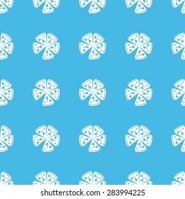 Image of pizza cut into slices, repeated in straight lines on blue background