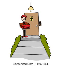 An image of a Pizza delivery man at the front door.