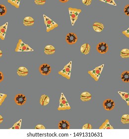 Image of pizza, donuts, and burgers seamless pattern