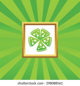 Image of pizza in golden frame, on green abstract background
