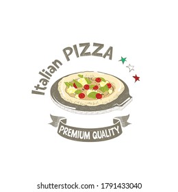Image of the pizza label in a retro style. Vector illustration of Italian pizza with homemade cheese isolated on a white background.