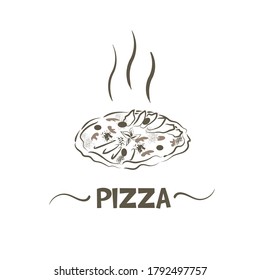 Image of the pizza label in a retro style. Vector illustration of Italian pizza with homemade cheese isolated on a white background.