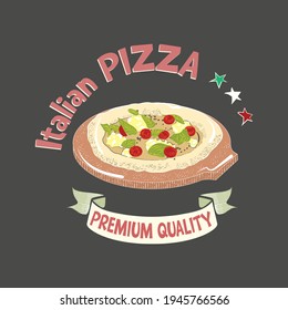 Image of the pizza label in a retro style. Vector illustration of Italian pizza on the kitchen board on a black background