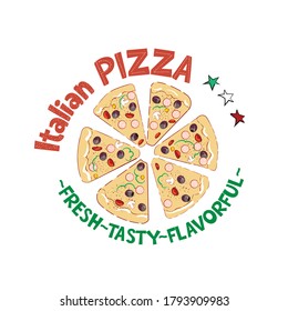 Das Bild einer Pizza im Stil einer einfachen Skizze, in der Farbe der italienischen Flagge. Vektorgrafik der italienischen Pizza mit Salami einzeln auf weißem Hintergrund.