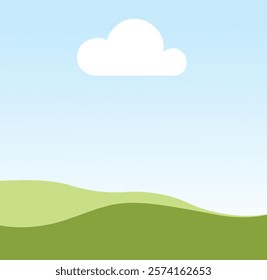 image placement frame, frame of landscape with rolling green hills, blue sky, and a single white cloud. 