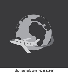 the image of the plane flying around the globe in the darkness