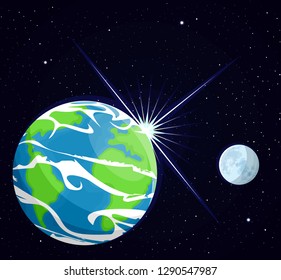 Image of the planet earth. The earth and moon against the background stars. Flat style. Cartoon.