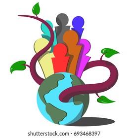 The image of a planet with figures of people and a sprout. Vector illustration.
