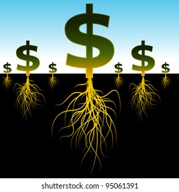 Una imagen de un dólar plantado con largas raíces.