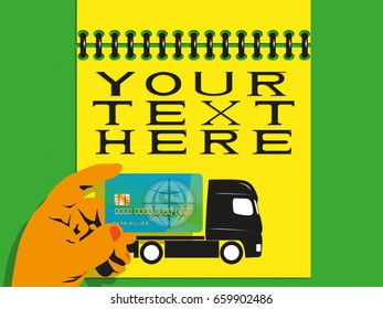 Image of a plastic bank card in hand on a yellow paper background with a car. Vector illustration.