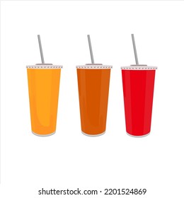 Image of plastic cups and straws for single-serve drinks. yellow orange and red. flat design vector.