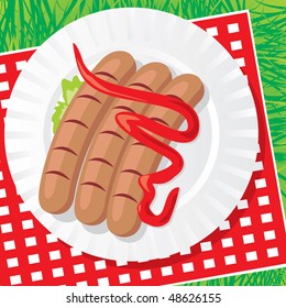 image of a plastic plate with three sausages on the background of napkins and herbs