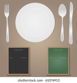 Image of a plate, utensils and two chalkboard menus.