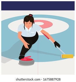 Image of a player rolling a curling red stone on the ice of curling sports