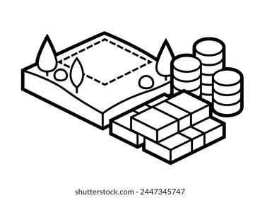 Image of plot land and money. Real estate illustration in isometry style.