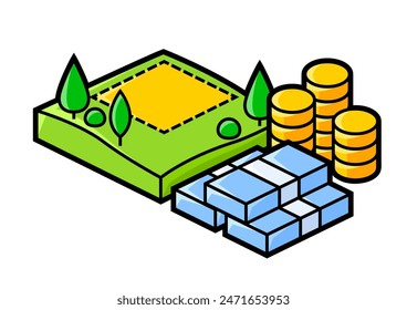 Bild von Grundstück und Geld. Immobilien-Illustration im Isometrie-Stil.