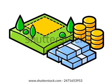 Image of plot land and money. Real estate illustration in isometry style.