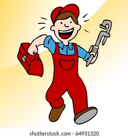 An image of a plumber running with a wrench and toolbox.
