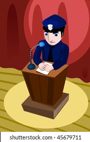 An image of a policeman standing behind a podium and talking into a mike