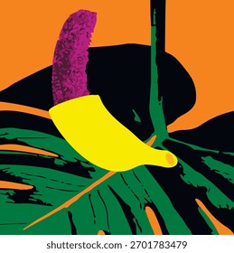 La Imagen es una pieza de arte pop con plátanos y hojas estilizadas.