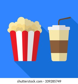 Image of popcorn and fizzy drink in a plastic cup with a straw, flat design.
