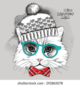 Image portrait cat in glasses, tie and hat. Vector illustration.