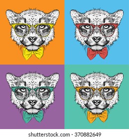 Image Portrait cheetah in the cravat and with glasses. Pop art style vector illustration.