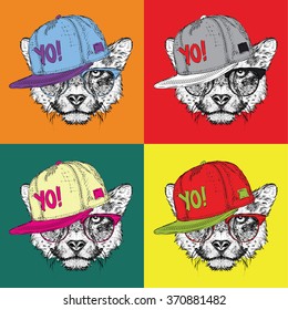 Image Portrait of cheetah in the glasses and in hip-hop hat. Pop art style vector illustration.