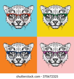 Image Portrait of cheetah in the glasses. Pop art style vector illustration.