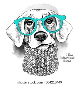 Image Portrait of a dog with glasses and knitted scarf. Vector illustration.