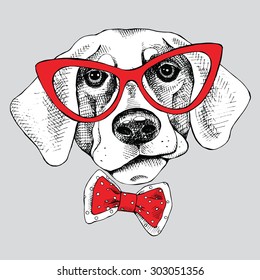 Image Portrait of a dog with glasses and a tie. Vector illustration.