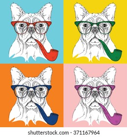 Image Portrait of dog in the glasses and with  tobacco pipe. Pop art style vector illustration